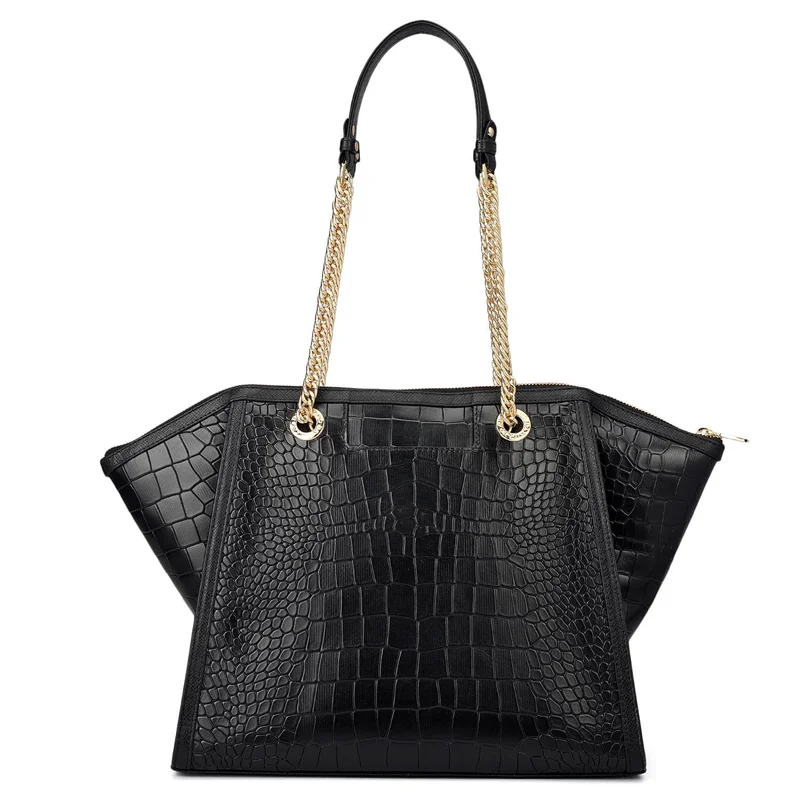 Da Milano Black Medium Croco Leather Tote - Black for Women | Best Price UAE